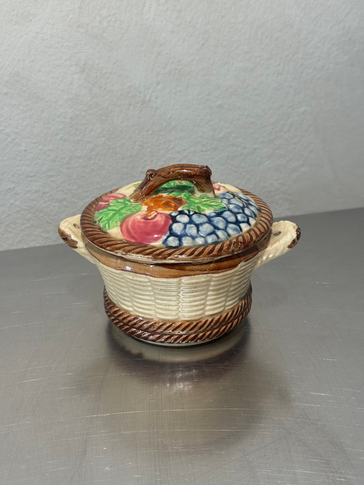 Mid-century fruit basket ceramic jar side view