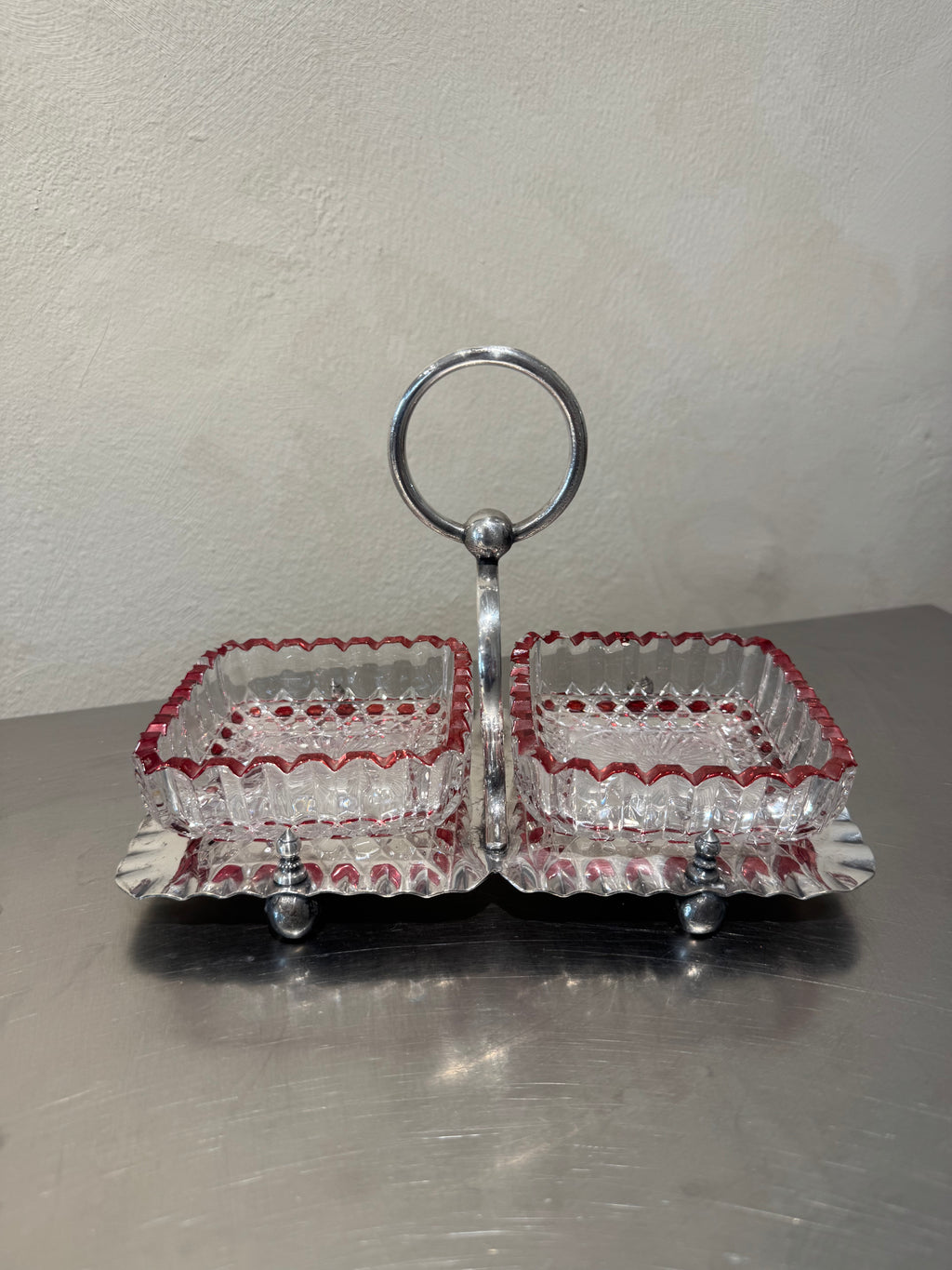 Victorian serving stand with two glass bowls
