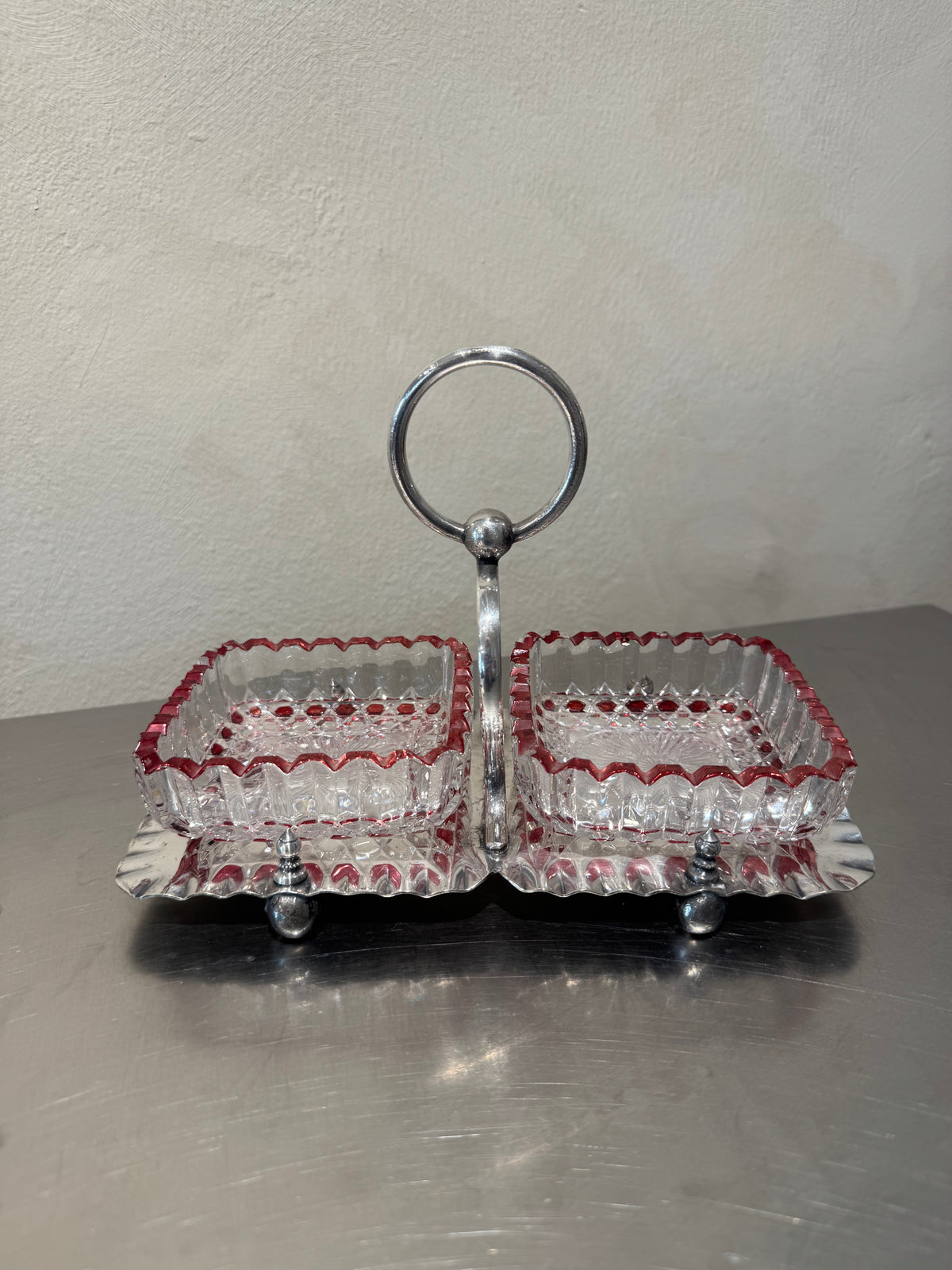 Victorian serving stand with two glass bowls
