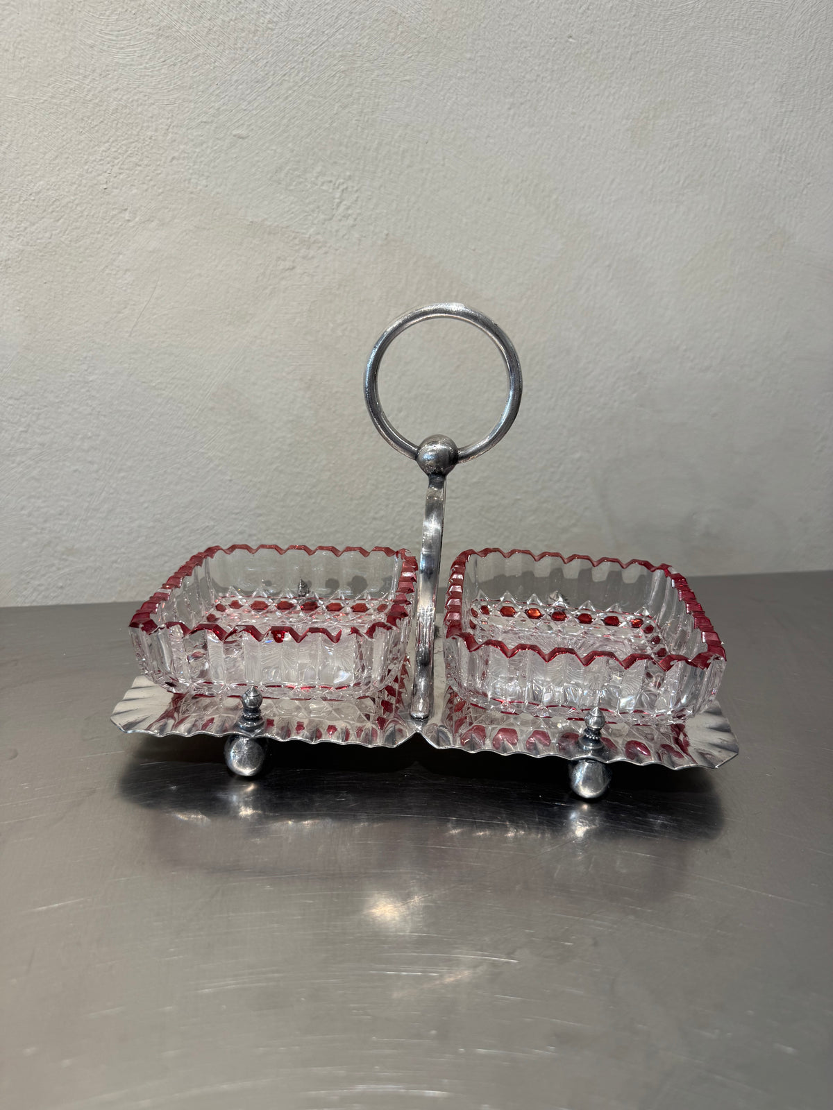 Late 1800s silver-plated serving dish with cut glass bowls