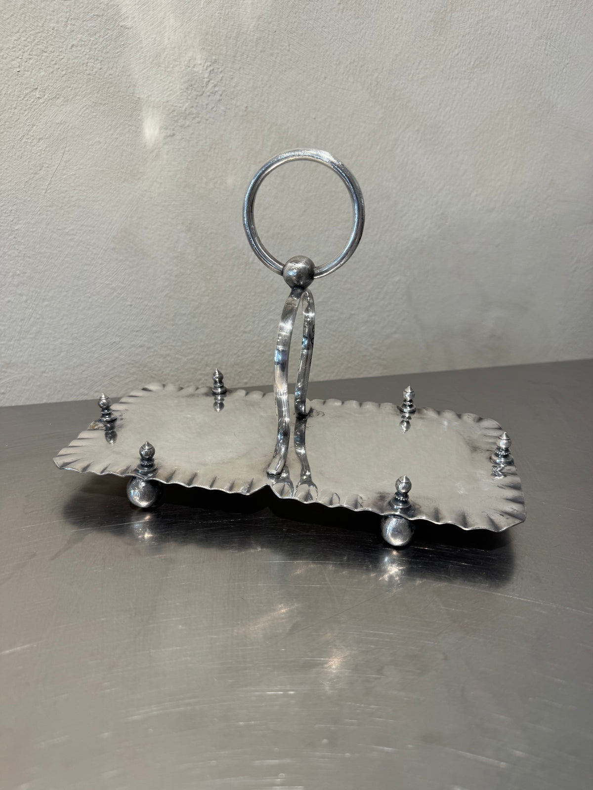Victorian serving dish with hand-painted red rims