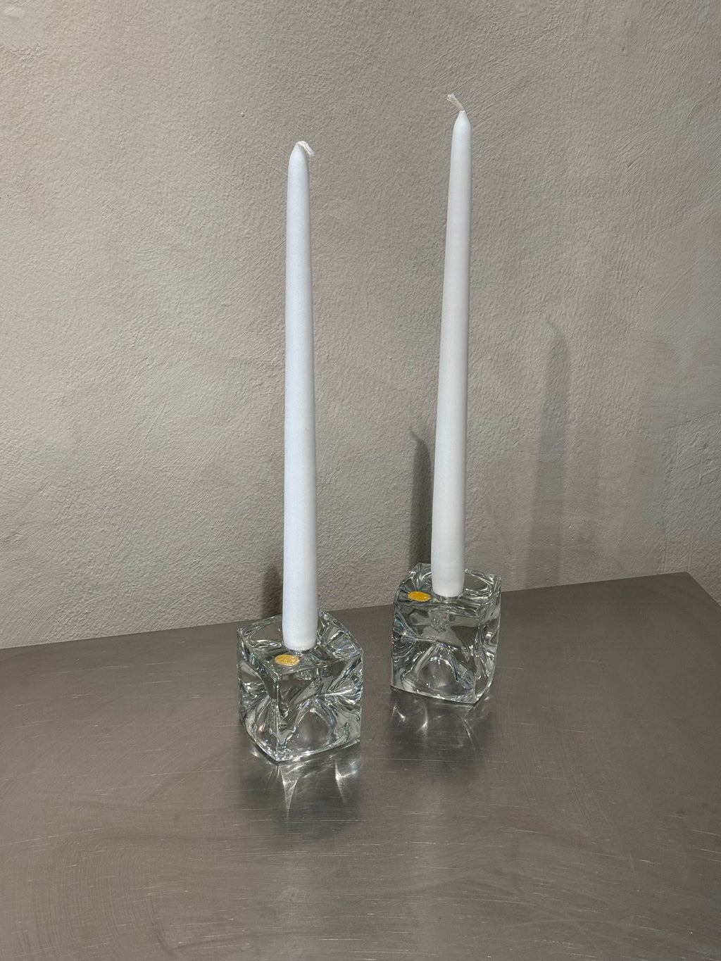 1960s moulded crystal candleholders with original labels