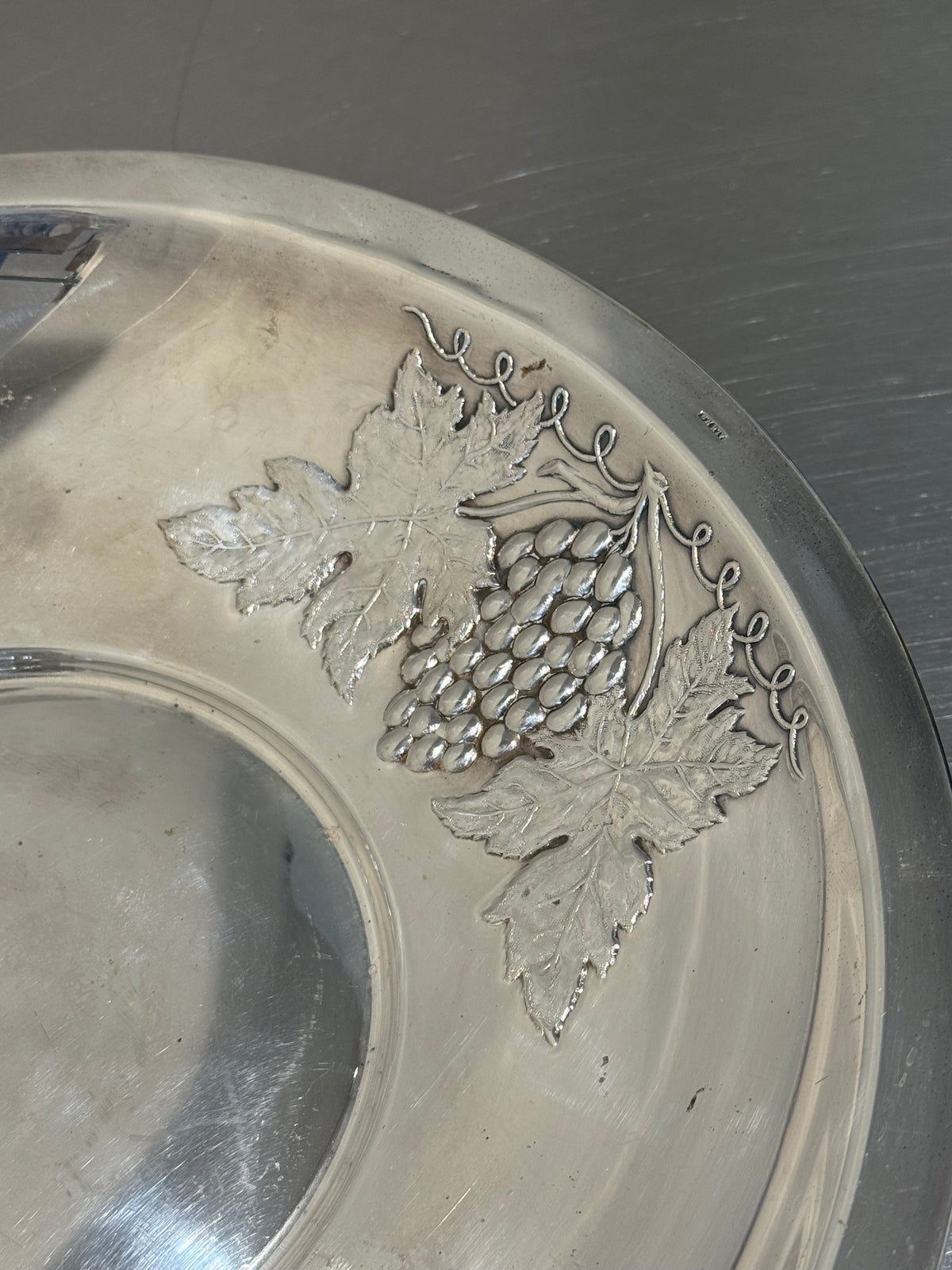 Silver-plated grape motif bowl detail