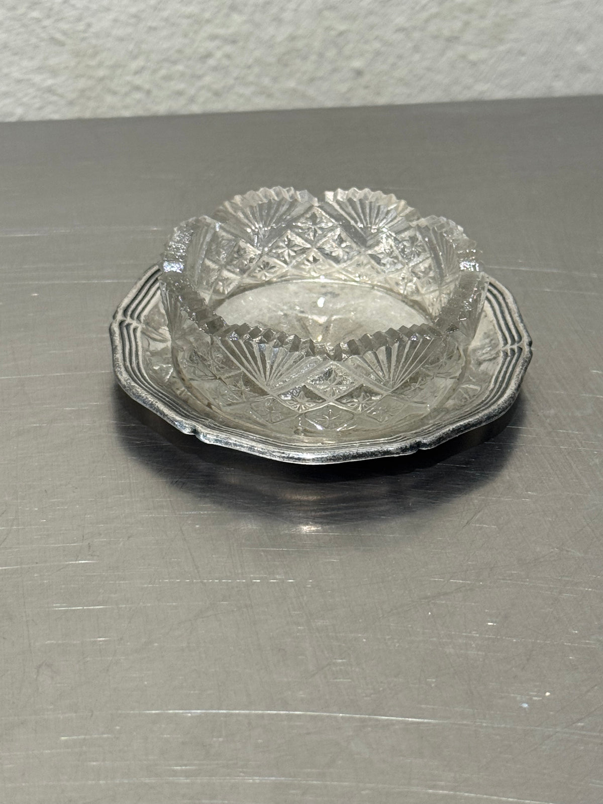 Nickel silver and cut glass salt cellar