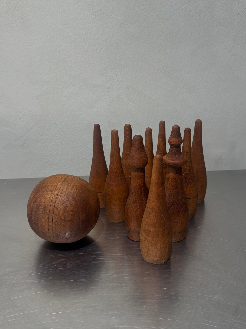 Mid-century teak tabletop bowling set