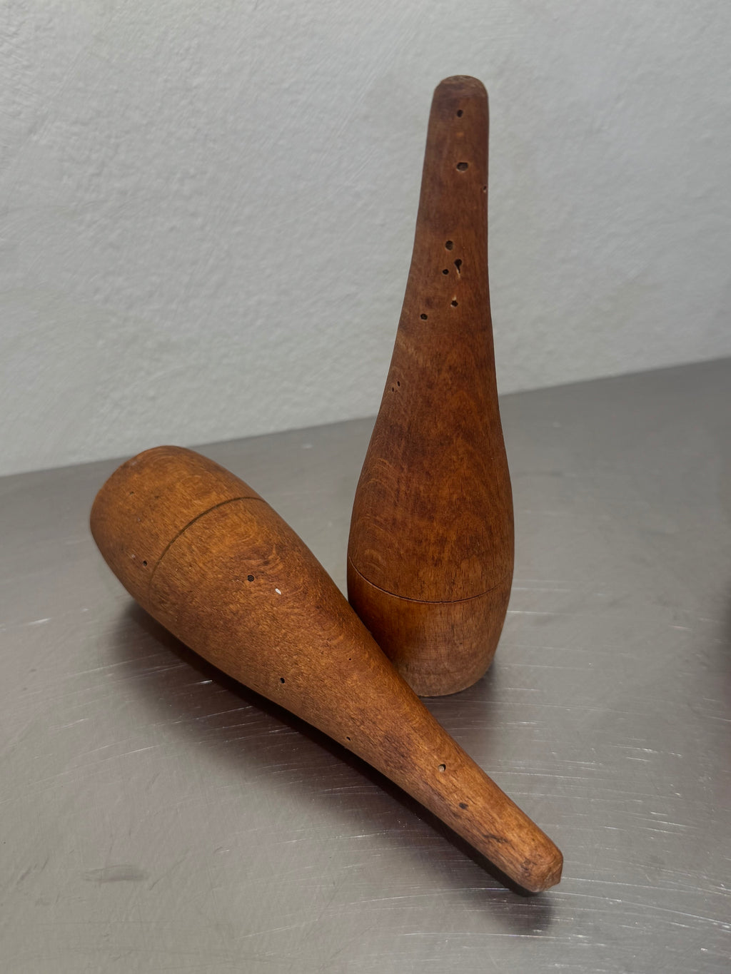 Vintage tabletop bowling set with ten teak pins