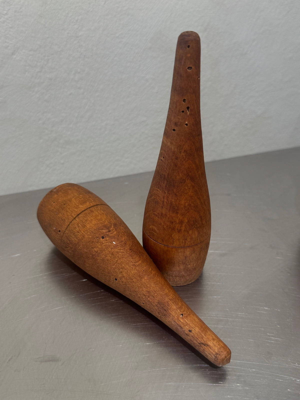 Vintage tabletop bowling set with ten teak pins