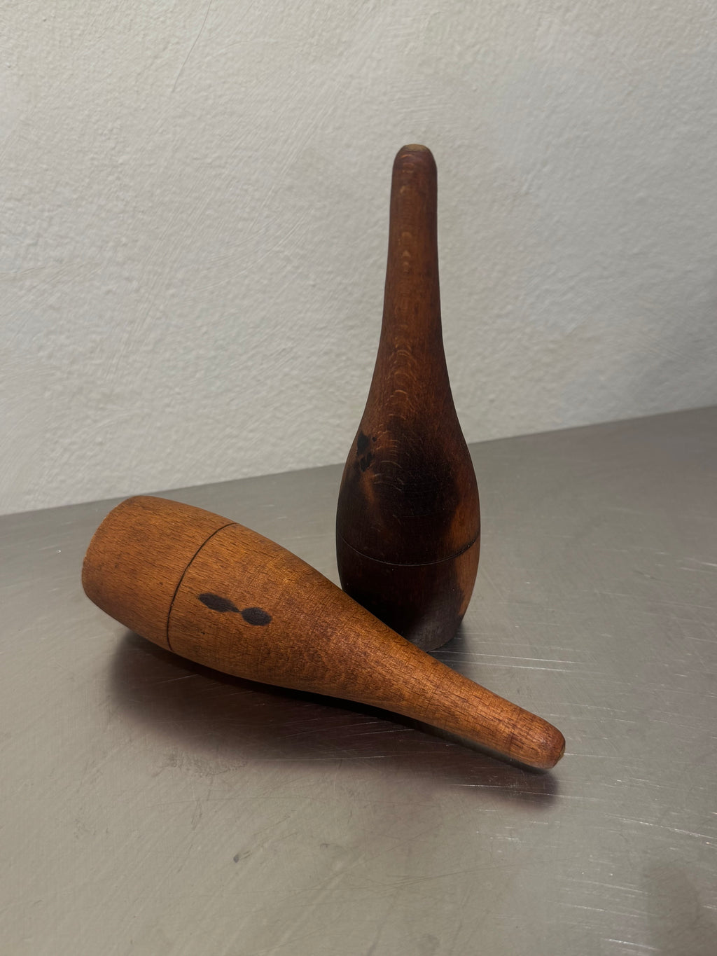 Teak bowling pins, handmade mid-century game