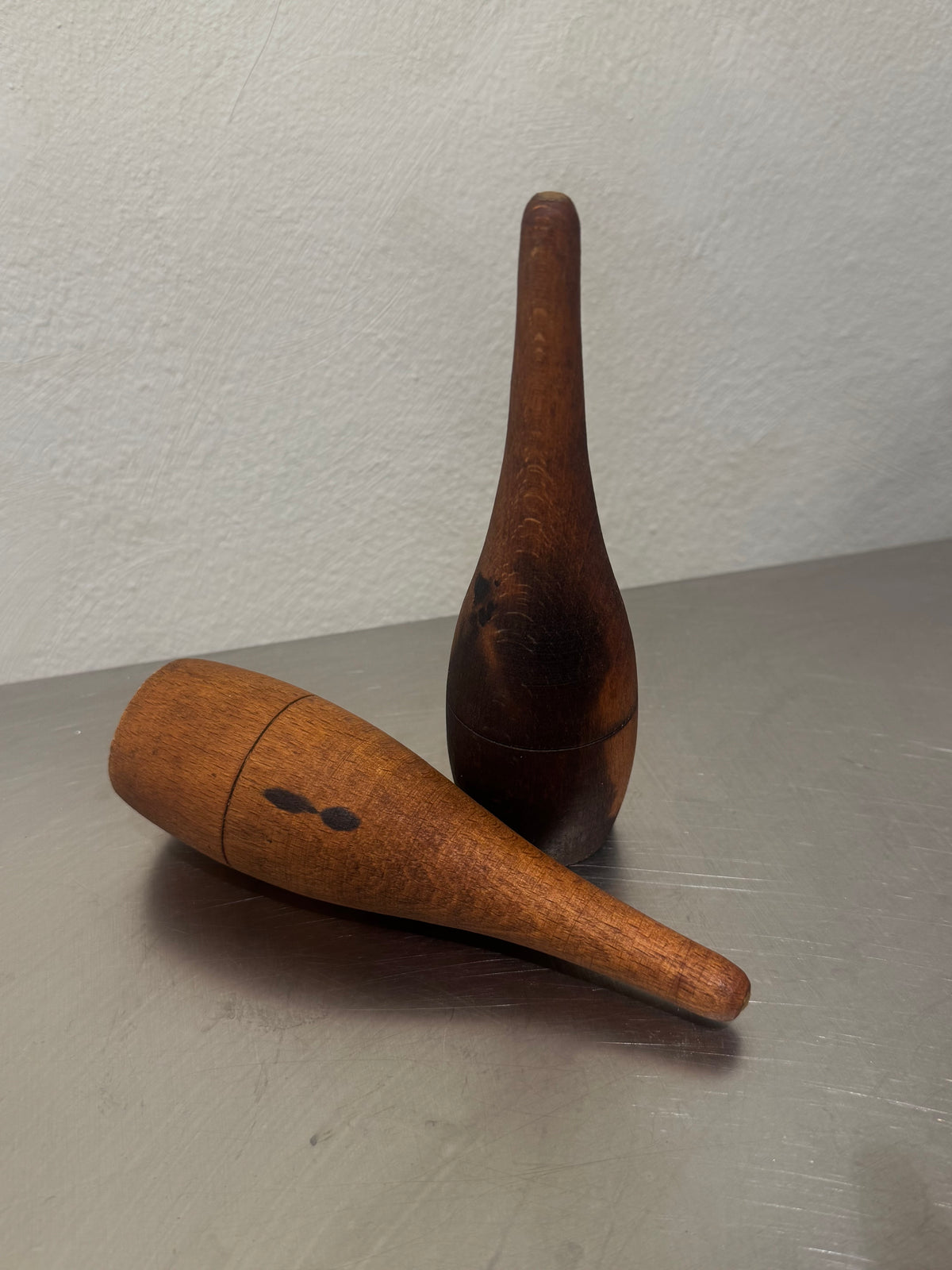 Teak bowling pins, handmade mid-century game