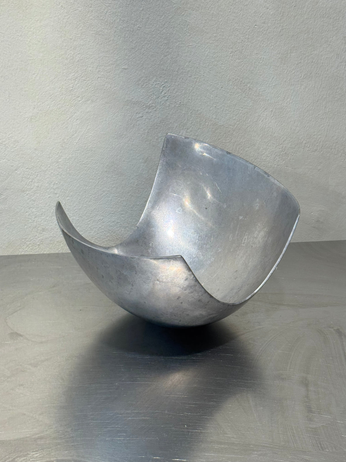 Vintage aluminium fruit bowl side view