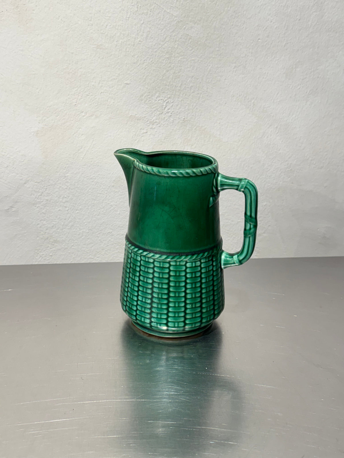 French Sarreguemines pitcher with basket-weave decoration