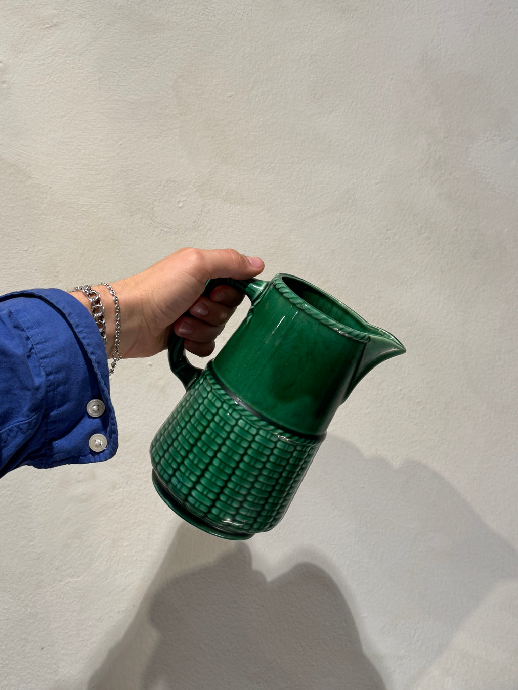 Sarreguemines green ceramic pitcher, early 1900s