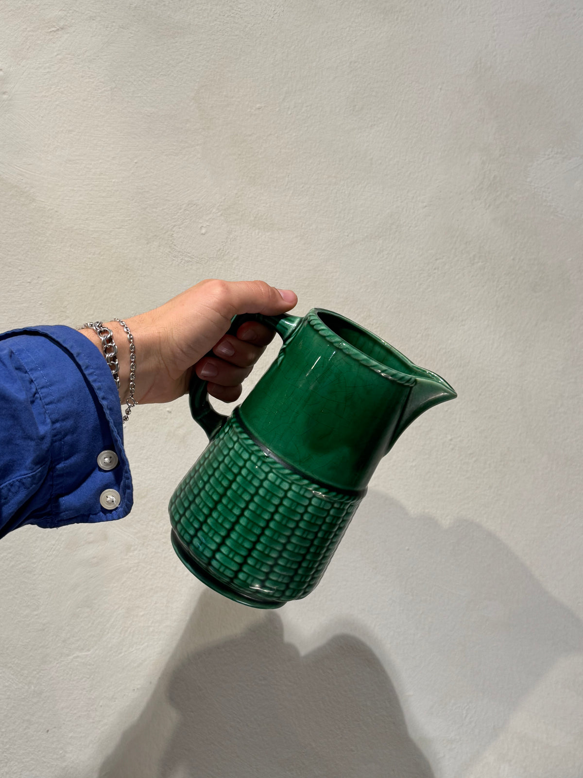 Sarreguemines green ceramic pitcher, early 1900s