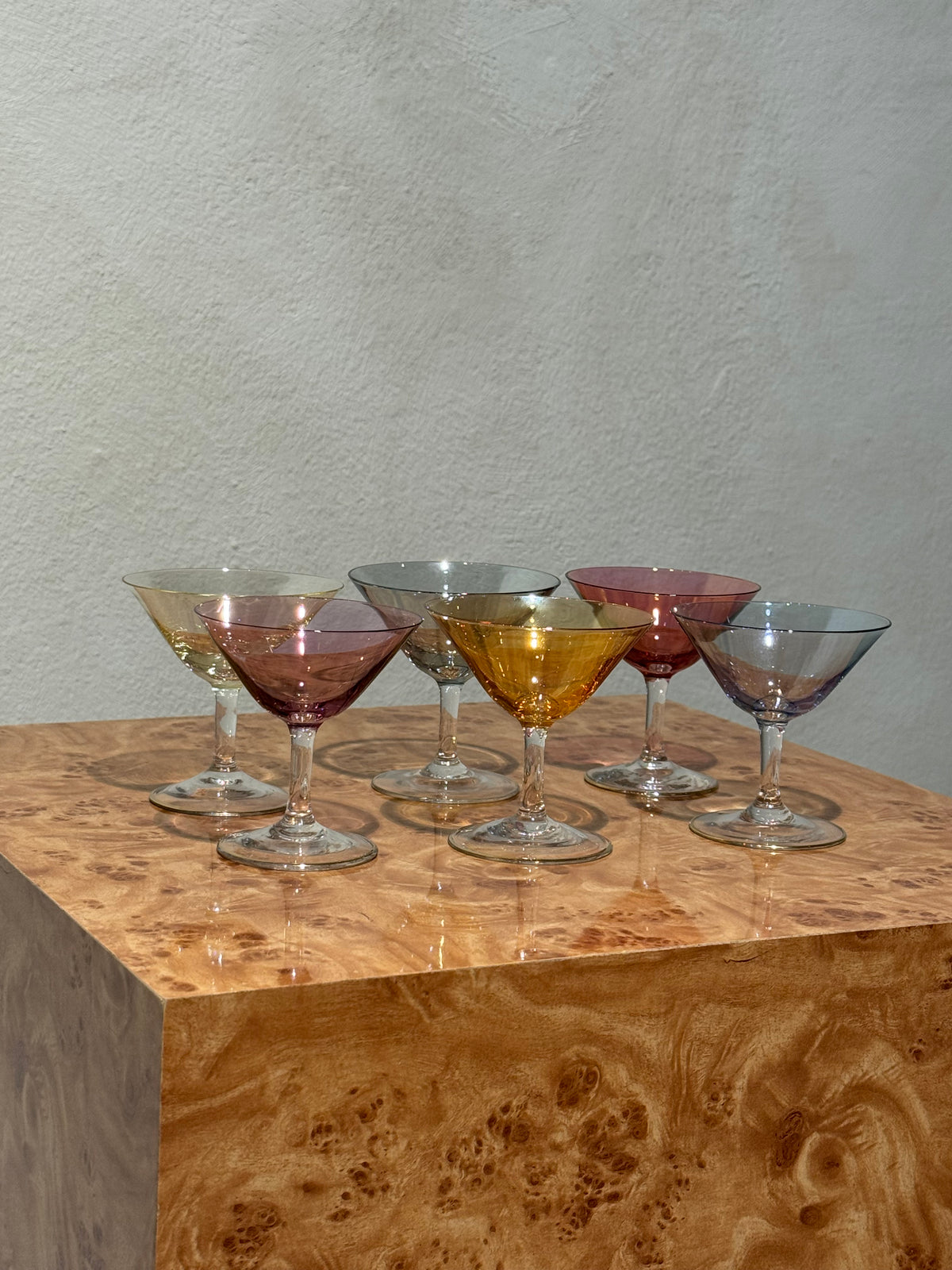 Vintage coloured liqueur glasses with clear stems