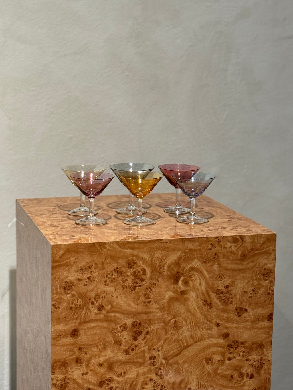 Mid-century liqueur glasses in assorted colours