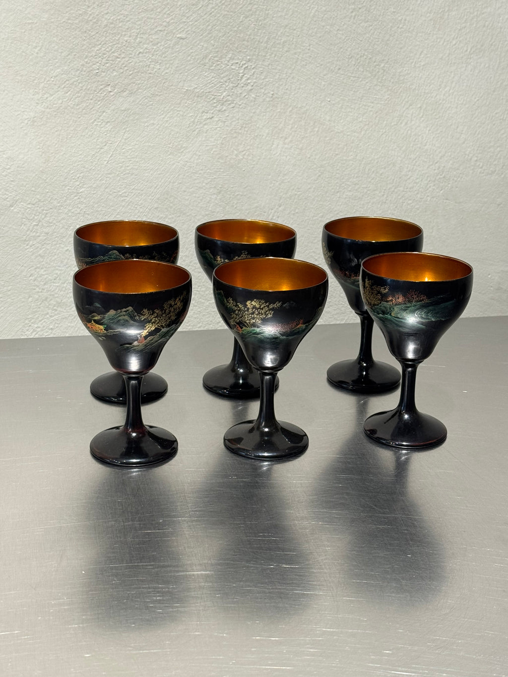 Mid-century Japanese cocktail set with landscape decoration