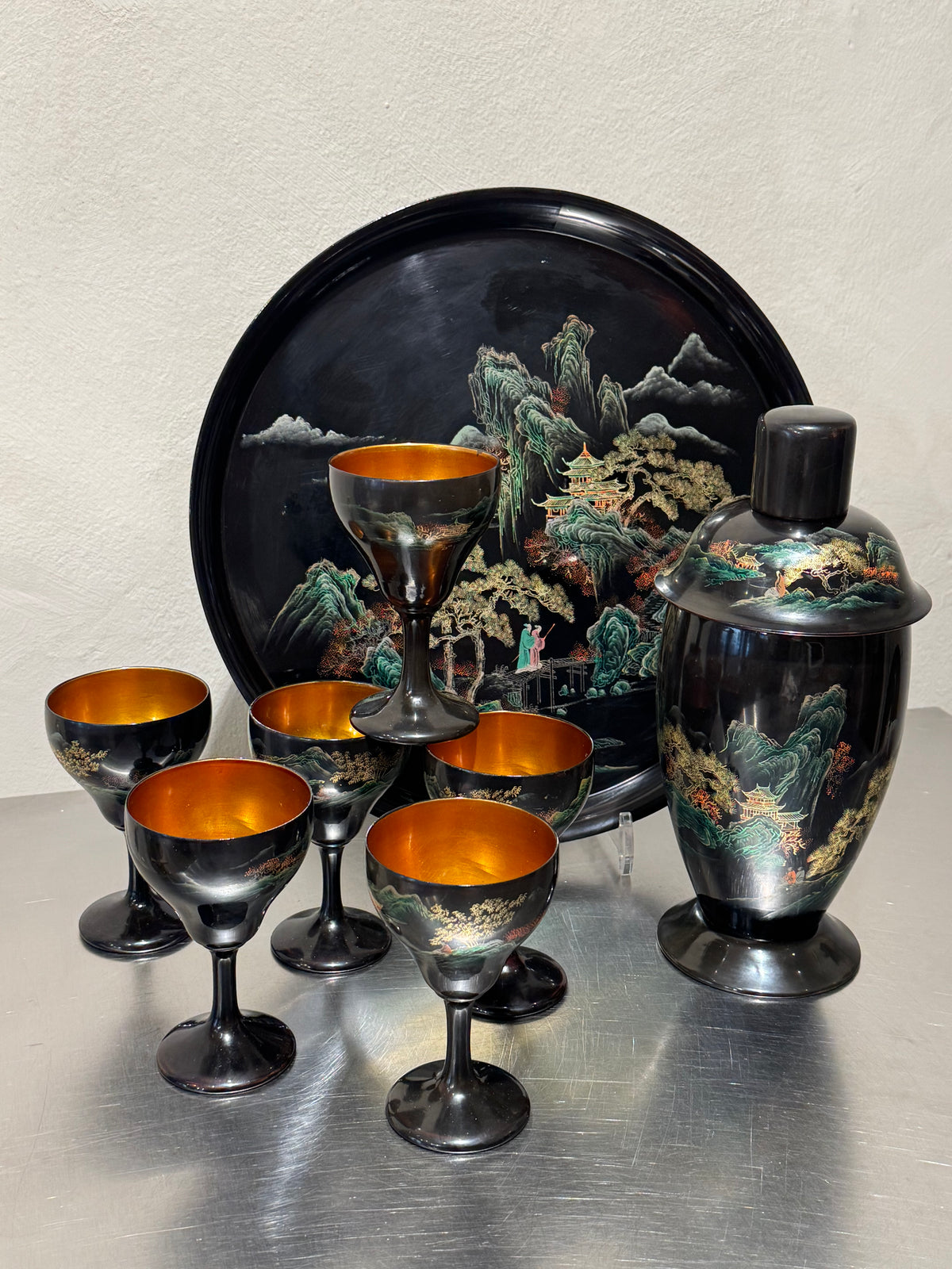 Japanese lacquered cocktail shaker and stemmed cups