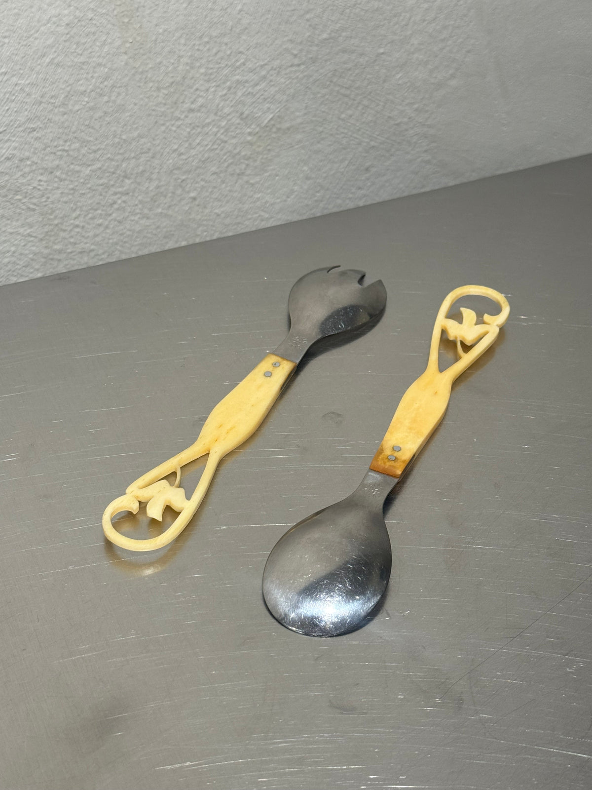 Vintage bone and stainless steel salad servers