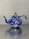 Antique blue and white marbled enamel teapot