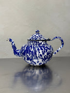 Antique blue and white marbled enamel teapot