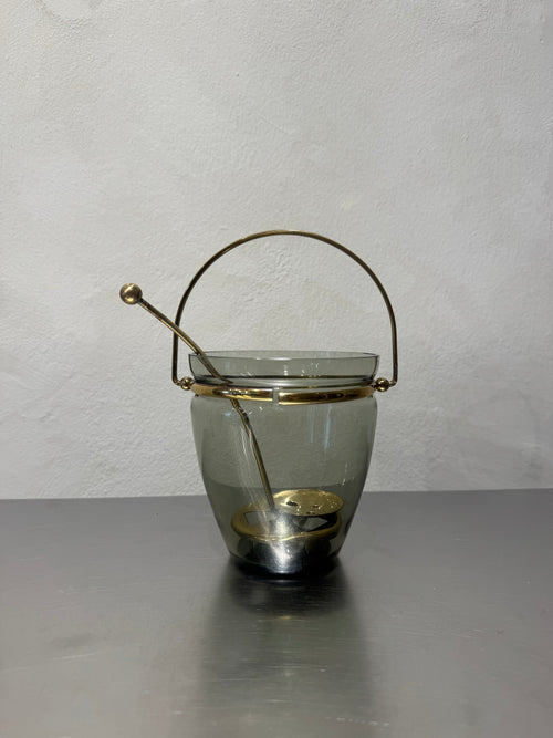 1970s smoky glass ice bucket with gold-coloured details