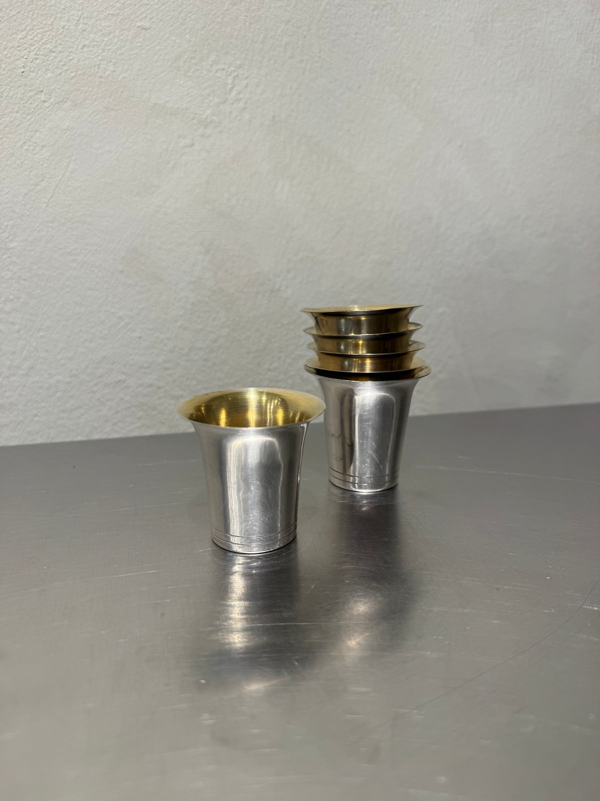 Set of six nickel silver cups, vintage tableware