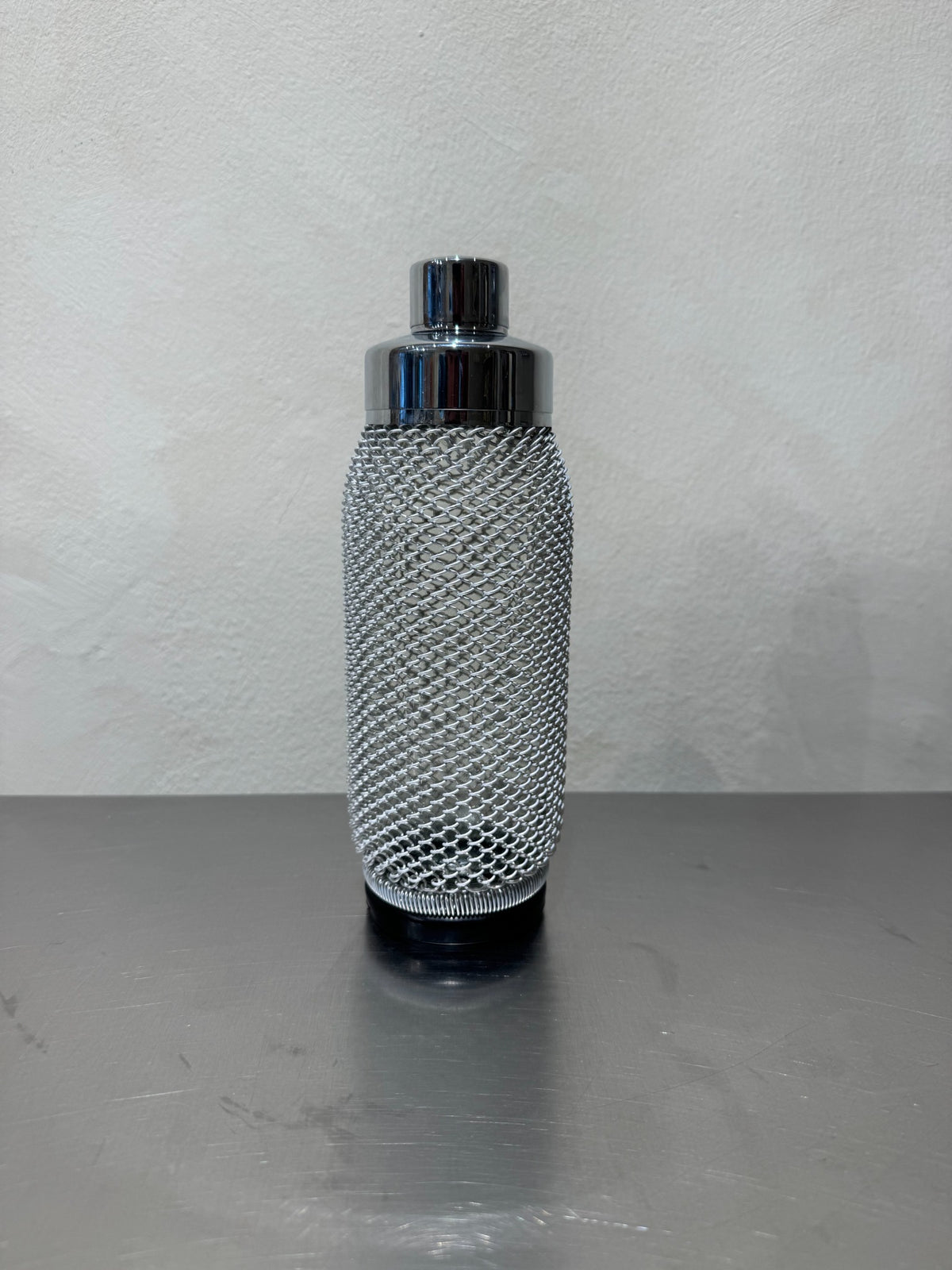 1960s metal mesh cocktail shaker, vintage barware