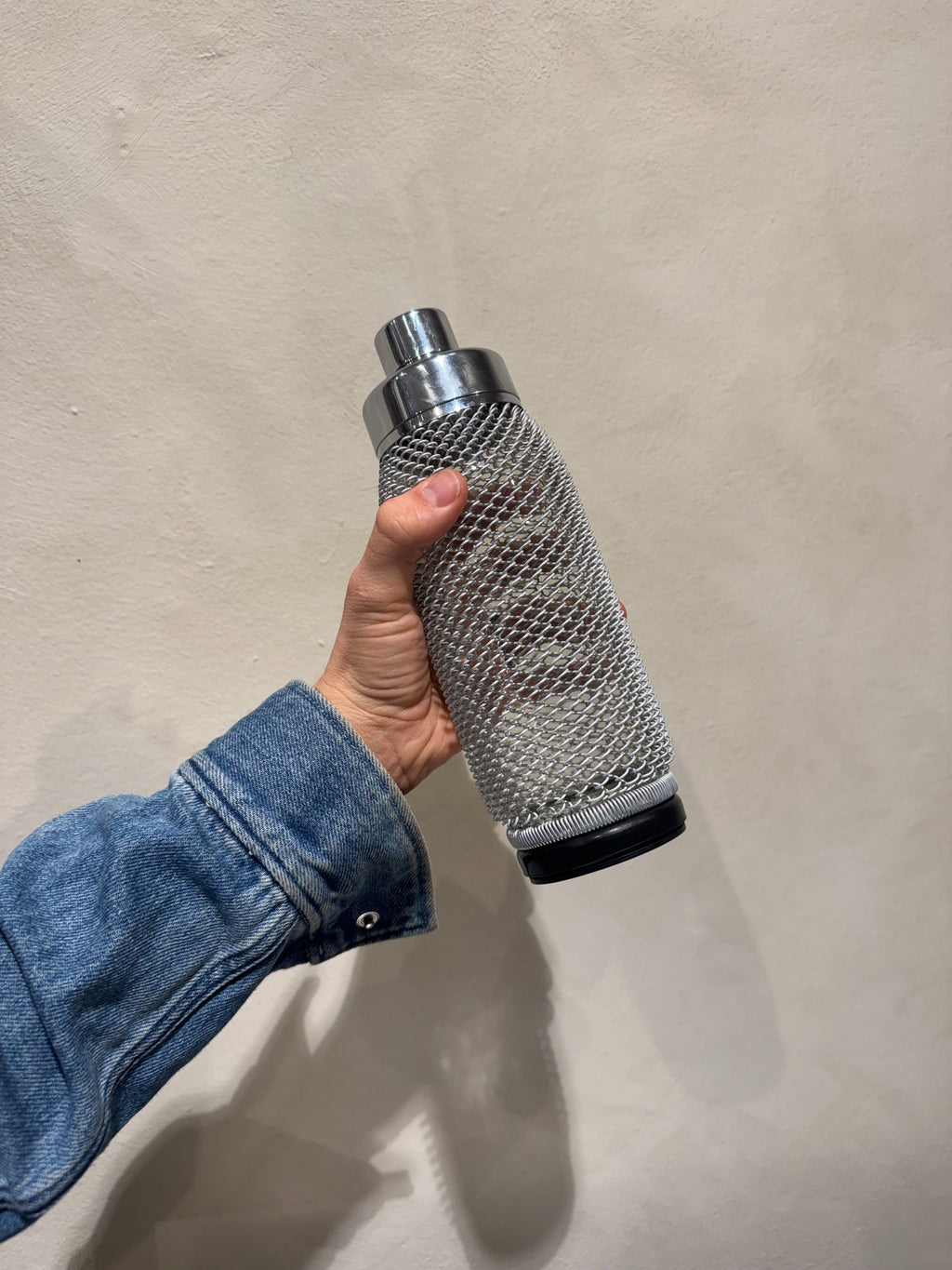Vintage 1960s cocktail shaker wrapped in metal mesh
