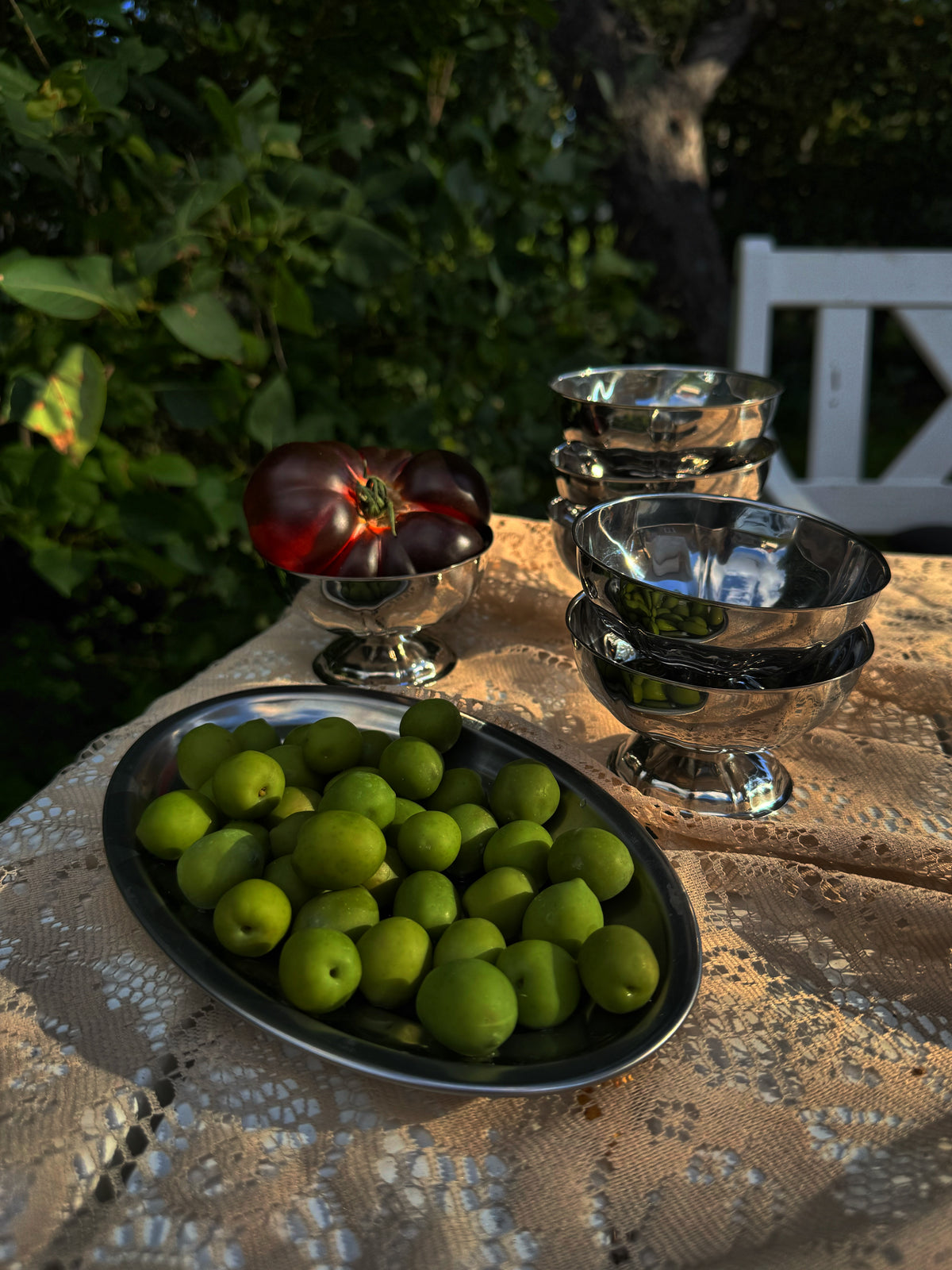 Silver Bistro bowls with green plums outdoors