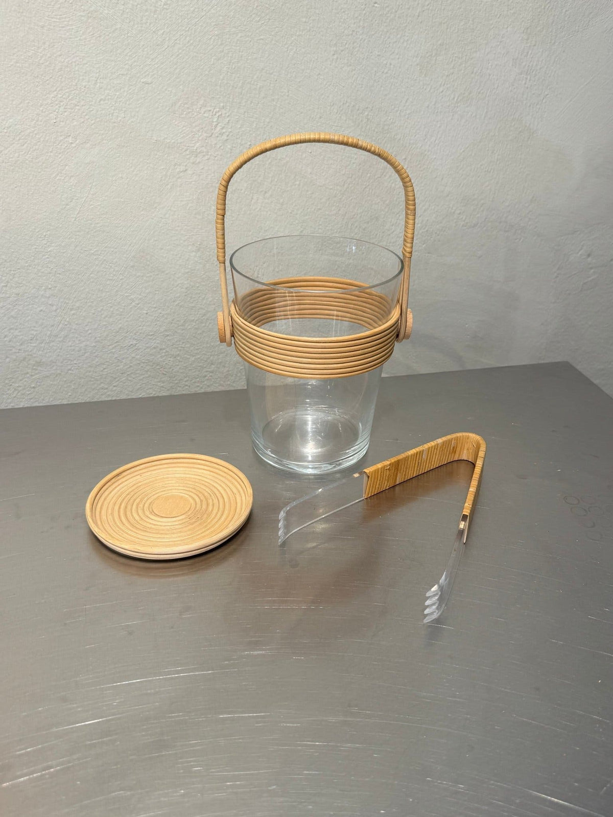 1950s glass and rattan ice bucket