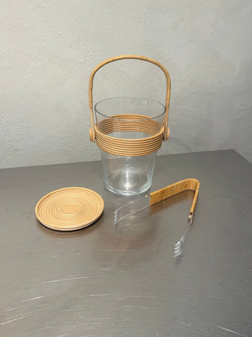 1950s glass and rattan ice bucket