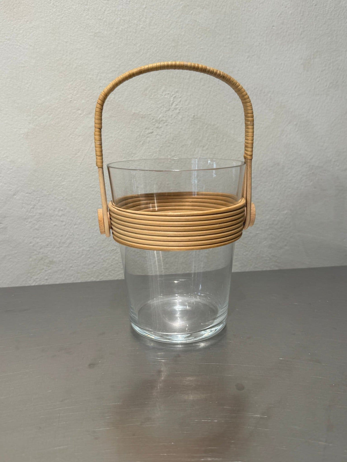 1950s glass and rattan ice bucket