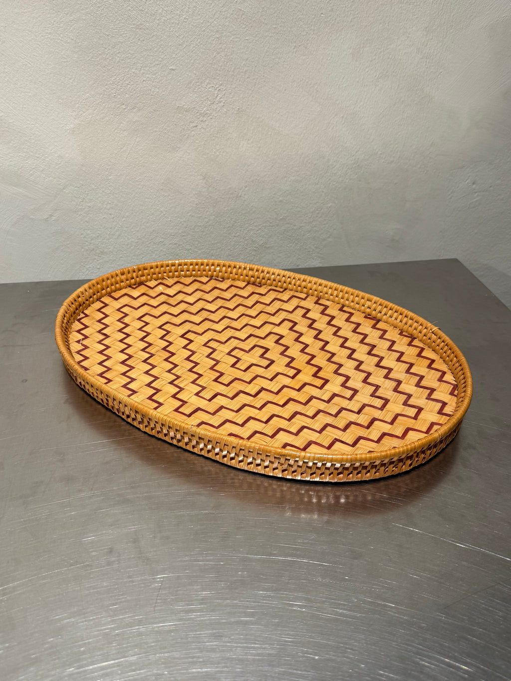 Side view of mid-century rattan tray