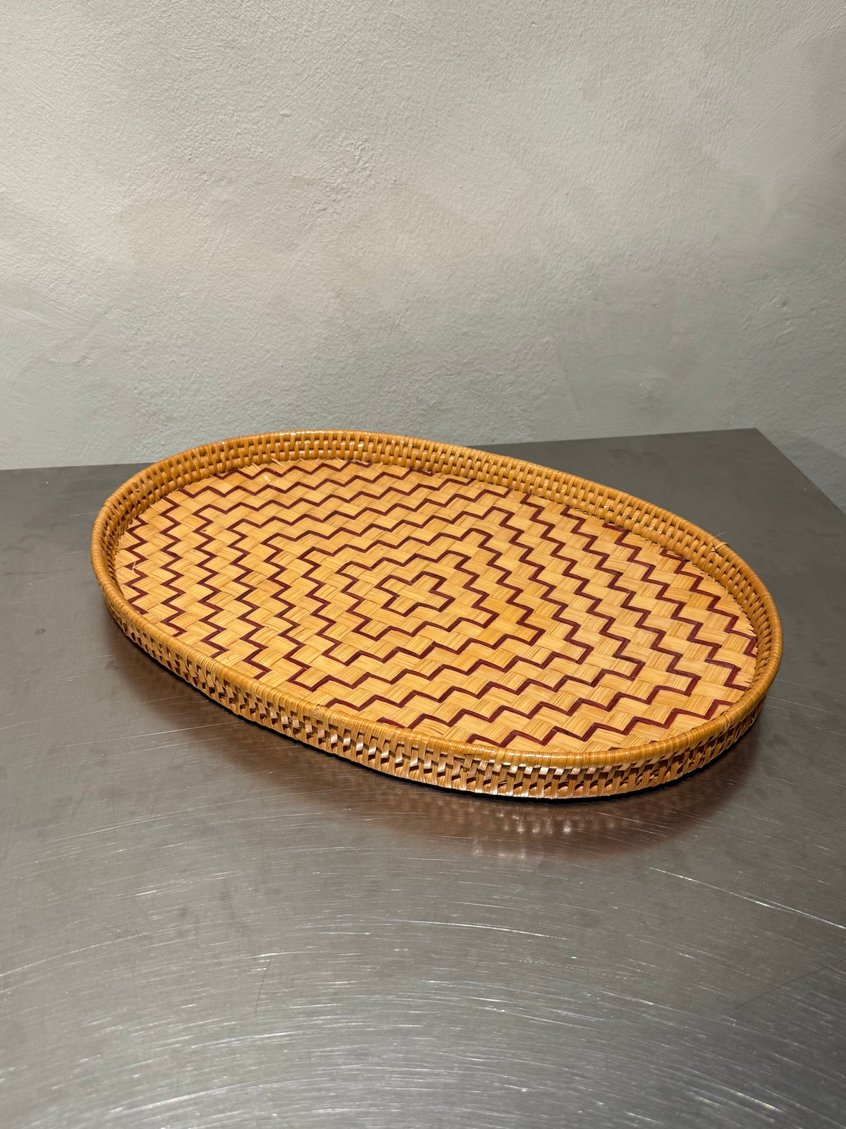 Side view of mid-century rattan tray