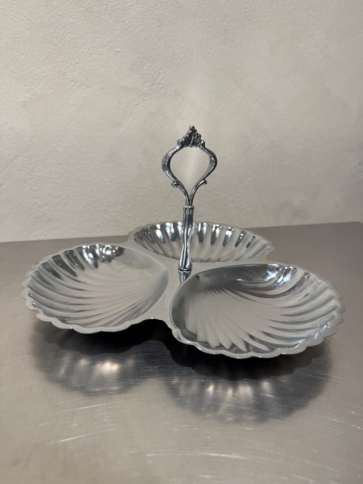 Three-section shell serving dish in stainless steel