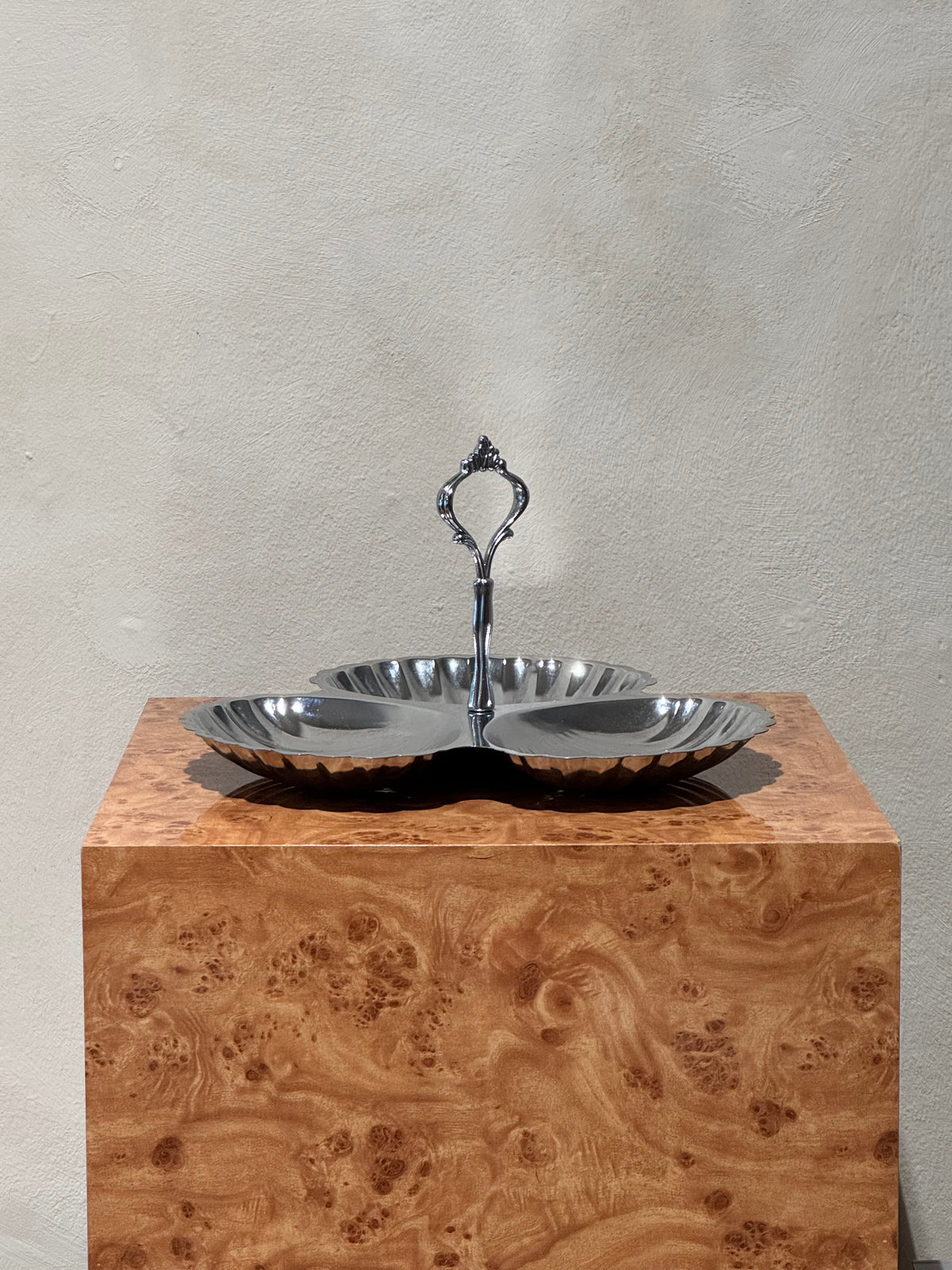 Three-section shell serving dish from the front