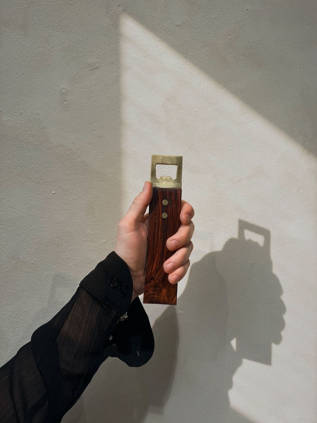 Brass and wood bottle opener