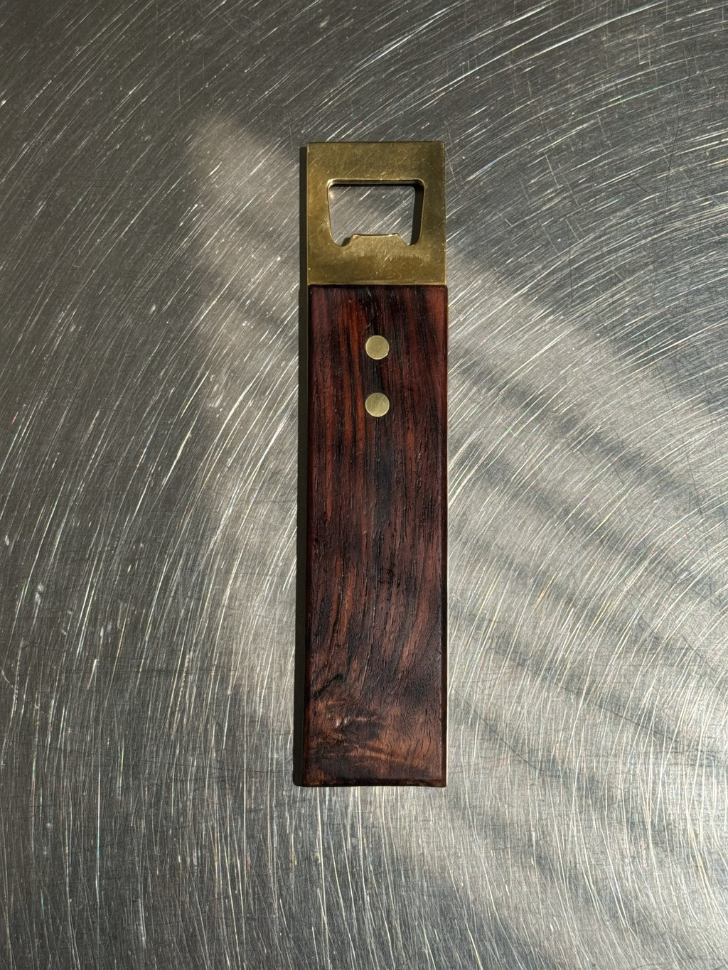Brass and wood bottle opener