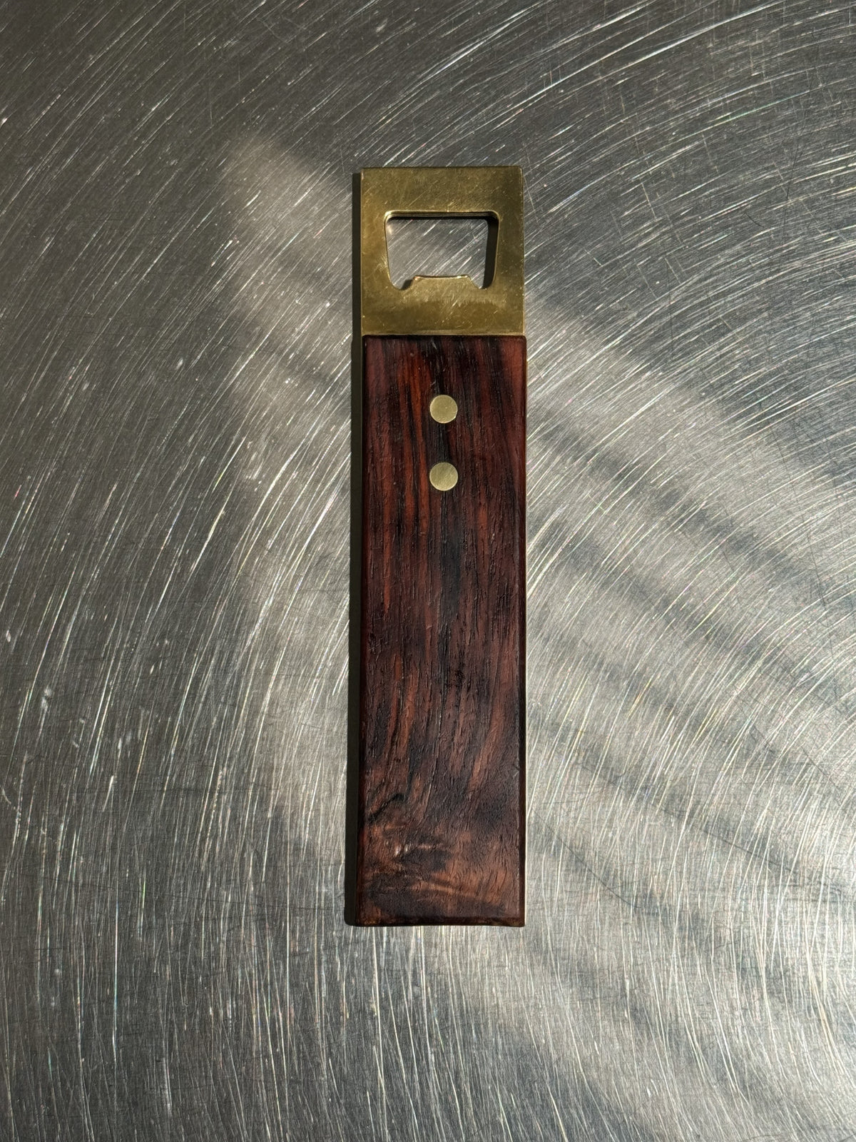 Brass and wood bottle opener